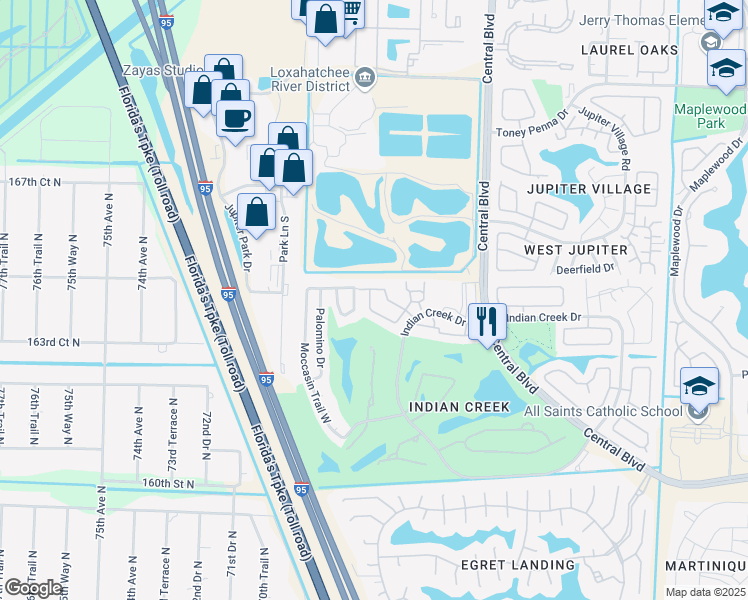 map of restaurants, bars, coffee shops, grocery stores, and more near 145 Moccasin Trail South in Jupiter