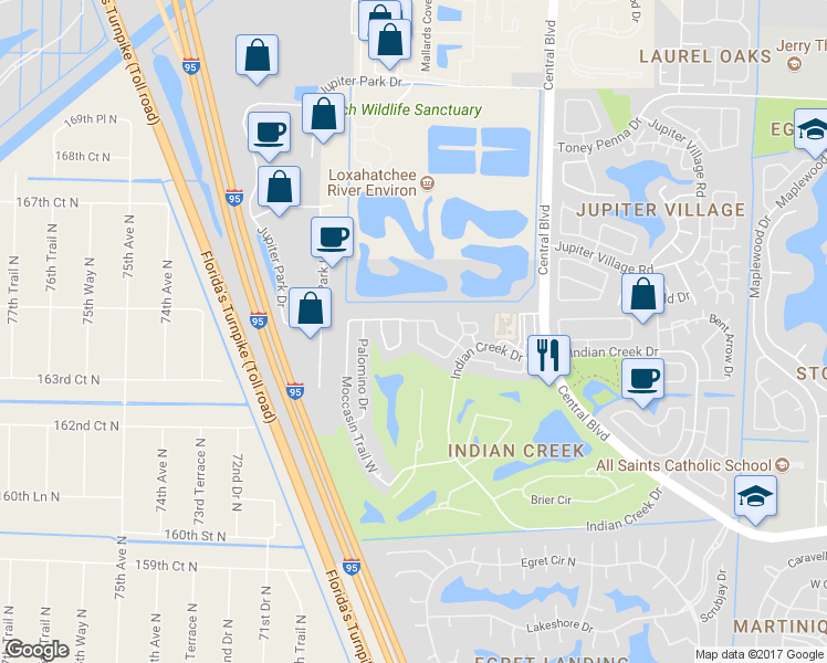 map of restaurants, bars, coffee shops, grocery stores, and more near 146 Moccasin Trail South in Jupiter