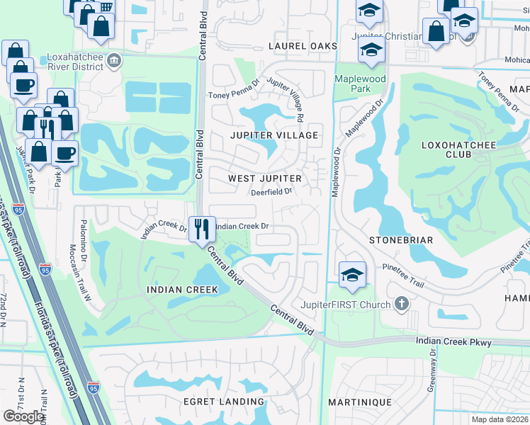 map of restaurants, bars, coffee shops, grocery stores, and more near 102 Harvest Moon Court in Jupiter