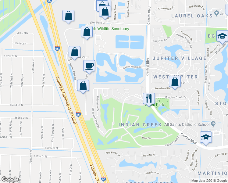 map of restaurants, bars, coffee shops, grocery stores, and more near 147 Moccasin Trail South in Jupiter