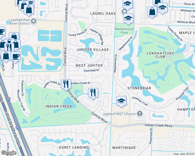map of restaurants, bars, coffee shops, grocery stores, and more near 110 Bent Arrow Drive in Jupiter