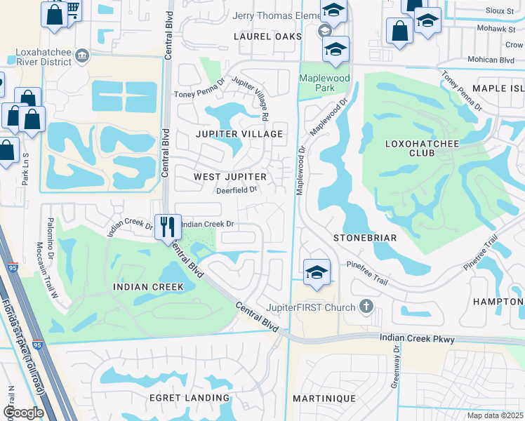 map of restaurants, bars, coffee shops, grocery stores, and more near 112 Bent Arrow Drive in Jupiter