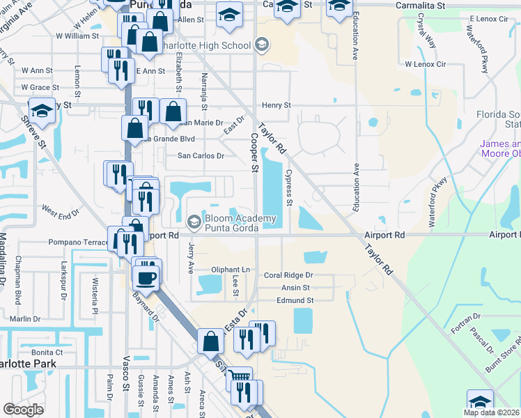 map of restaurants, bars, coffee shops, grocery stores, and more near 2210 Cooper Street in Punta Gorda