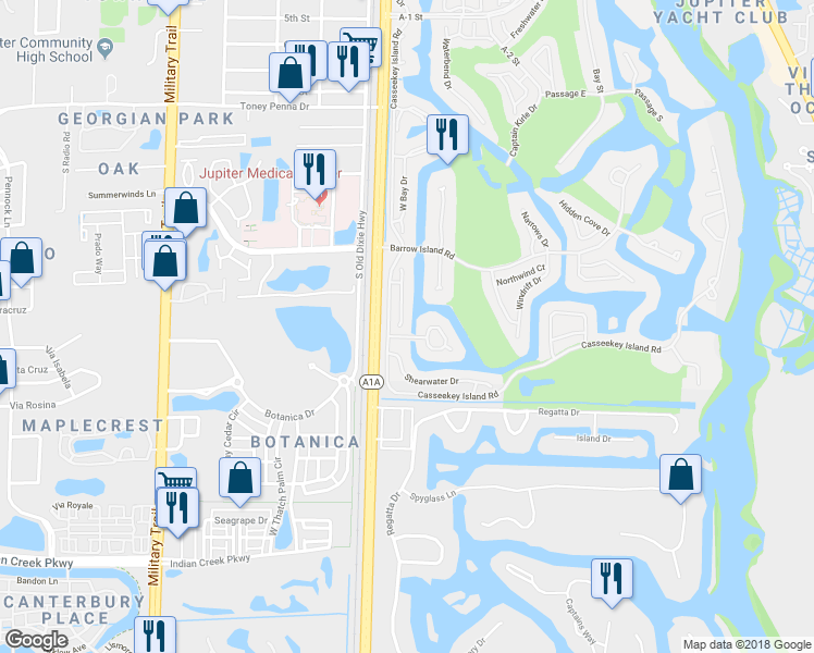 map of restaurants, bars, coffee shops, grocery stores, and more near 16440 Riverwind Drive in Jupiter