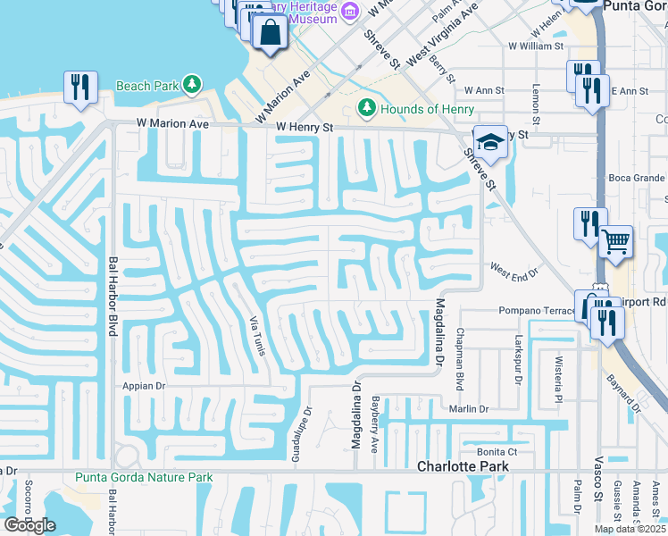 map of restaurants, bars, coffee shops, grocery stores, and more near 1116 Mineo Drive in Punta Gorda