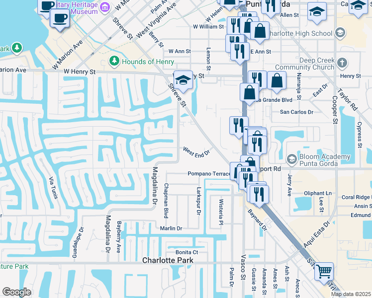 map of restaurants, bars, coffee shops, grocery stores, and more near 241 West End Drive in Punta Gorda