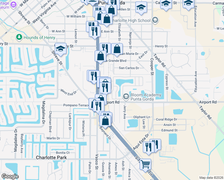 map of restaurants, bars, coffee shops, grocery stores, and more near 24300 Airport Road in Punta Gorda