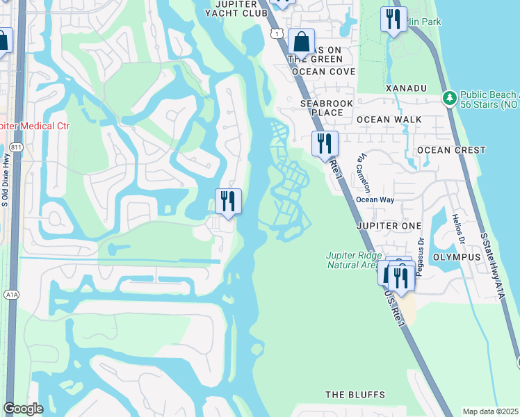 map of restaurants, bars, coffee shops, grocery stores, and more near 3200 Pilots Point Circle in Jupiter