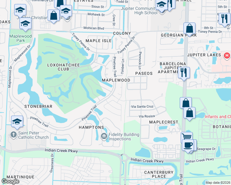 map of restaurants, bars, coffee shops, grocery stores, and more near 123 Coco Lane in Jupiter
