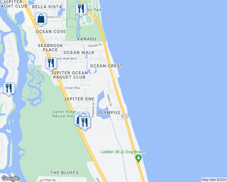 map of restaurants, bars, coffee shops, grocery stores, and more near 6 Ocean Boulevard in Jupiter