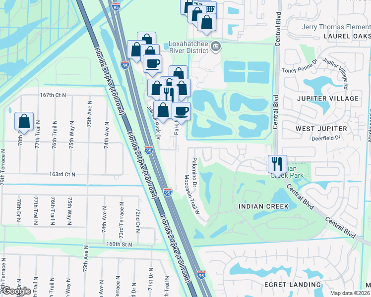 map of restaurants, bars, coffee shops, grocery stores, and more near 218 Moccasin Trail North in Jupiter