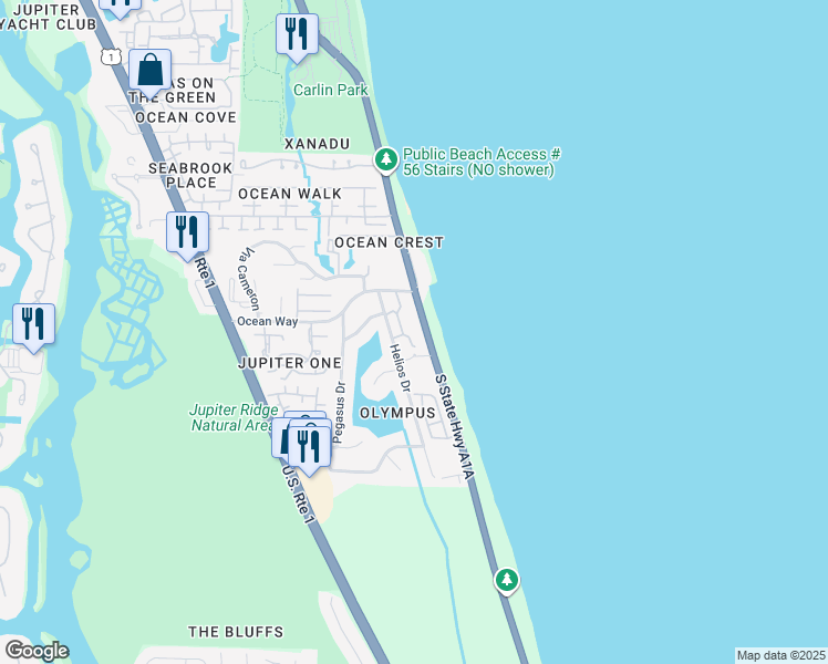 map of restaurants, bars, coffee shops, grocery stores, and more near 6 Ocean Boulevard in Jupiter
