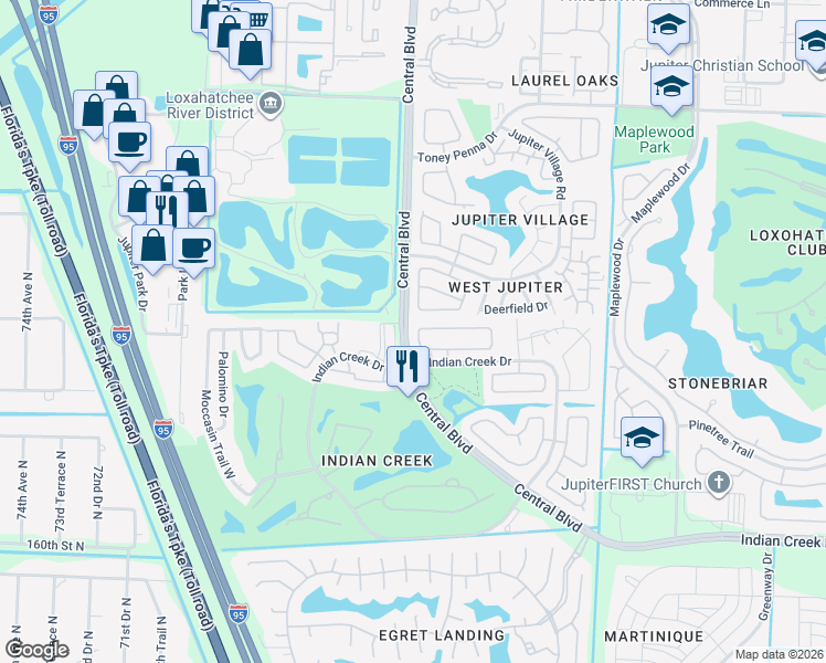 map of restaurants, bars, coffee shops, grocery stores, and more near 123 Arrowhead Circle in Jupiter
