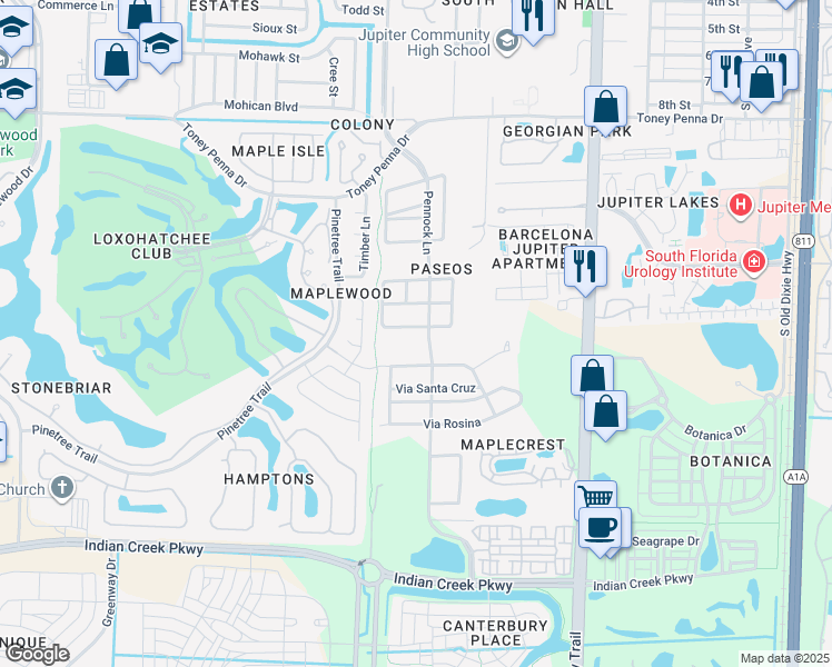 map of restaurants, bars, coffee shops, grocery stores, and more near 116 Via Veracruz in Jupiter
