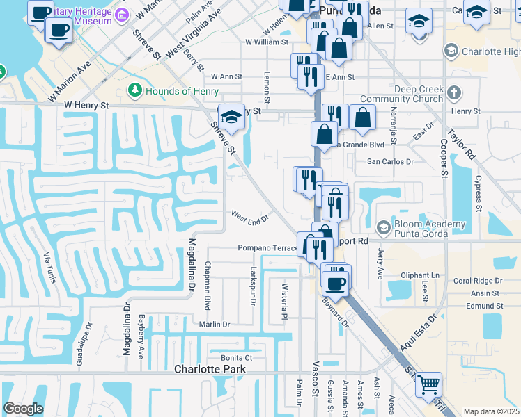 map of restaurants, bars, coffee shops, grocery stores, and more near 2295 Shreve Street in Punta Gorda