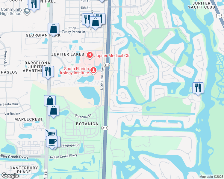map of restaurants, bars, coffee shops, grocery stores, and more near 16470 Riverwind Drive in Jupiter