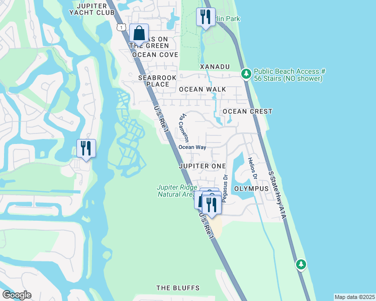 map of restaurants, bars, coffee shops, grocery stores, and more near 1420 Ocean Way Drive in Jupiter