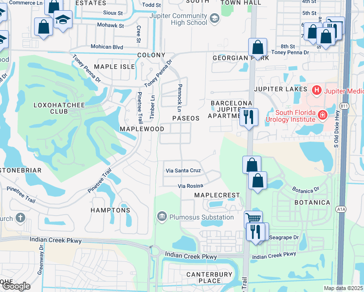 map of restaurants, bars, coffee shops, grocery stores, and more near 116 Via Veracruz in Jupiter
