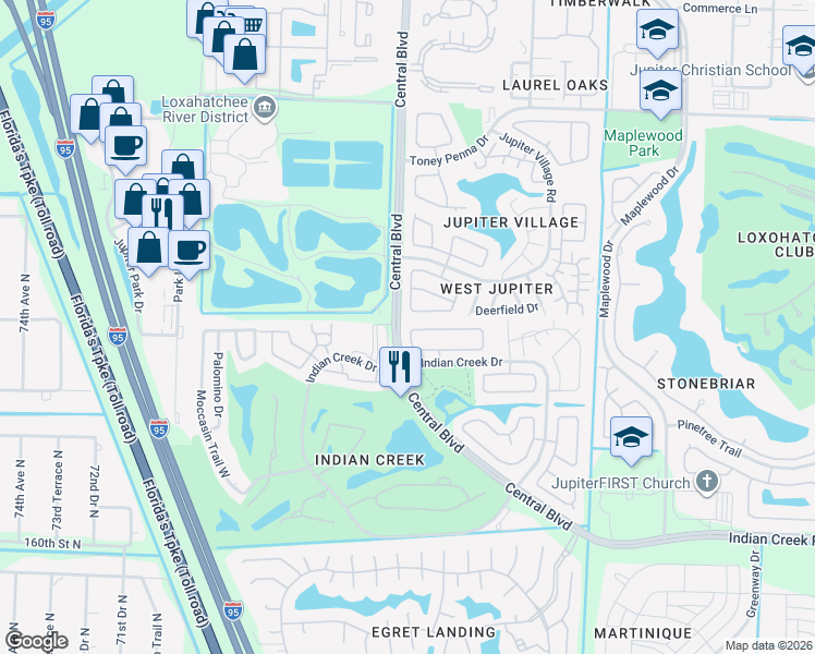 map of restaurants, bars, coffee shops, grocery stores, and more near 123 Arrowhead Circle in Jupiter