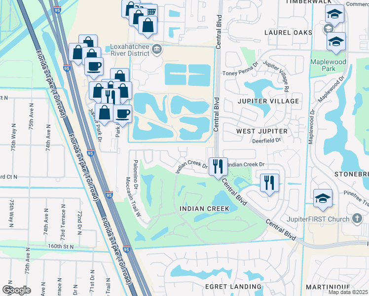 map of restaurants, bars, coffee shops, grocery stores, and more near 103 Half Moon Circle in Jupiter