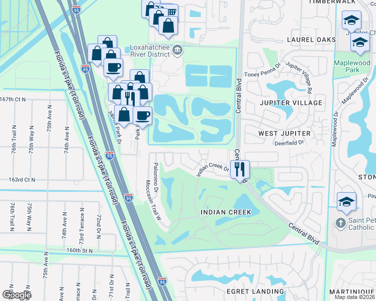 map of restaurants, bars, coffee shops, grocery stores, and more near 168 Moccasin Trail North in Jupiter