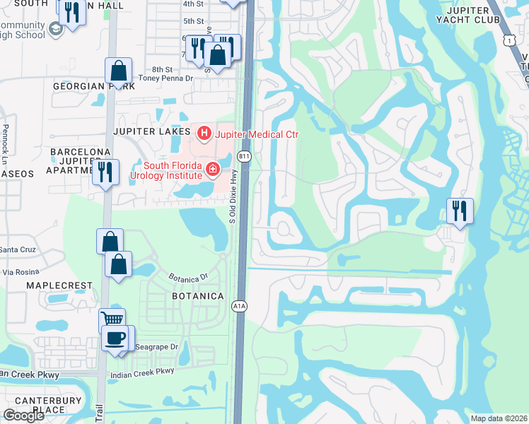 map of restaurants, bars, coffee shops, grocery stores, and more near 16470 Riverwind Drive in Jupiter