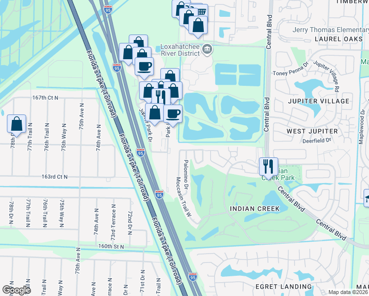map of restaurants, bars, coffee shops, grocery stores, and more near 218 Moccasin Trail North in Jupiter