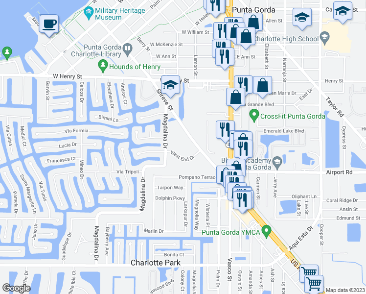 map of restaurants, bars, coffee shops, grocery stores, and more near 2295 Shreve Street in Punta Gorda