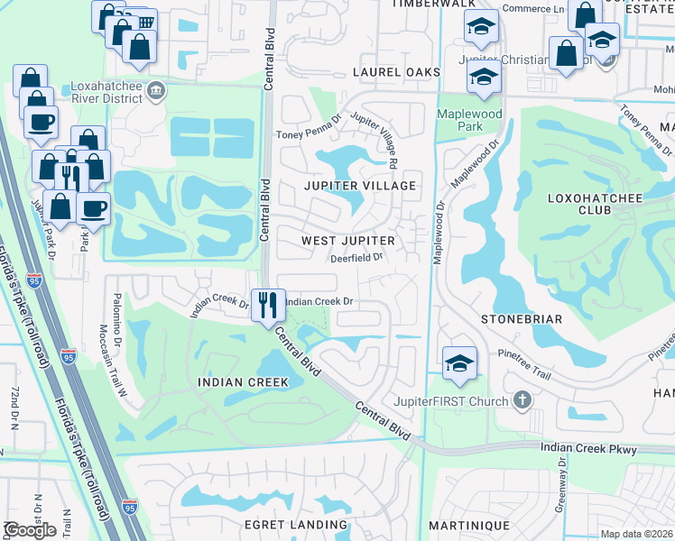 map of restaurants, bars, coffee shops, grocery stores, and more near 155 Arrowhead Circle in Jupiter