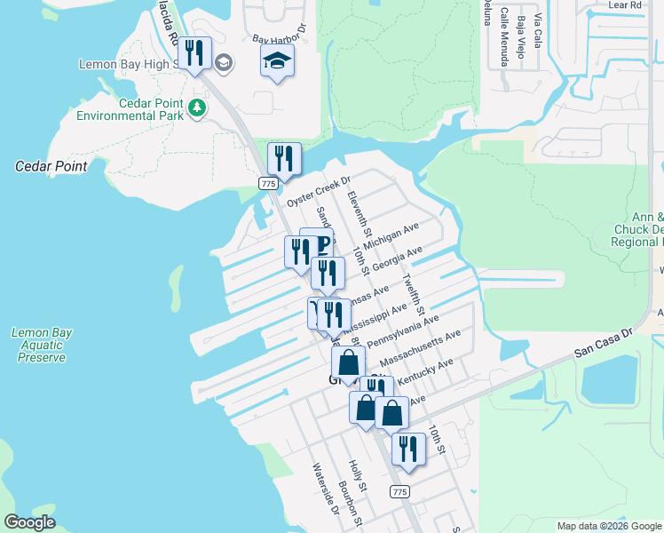 map of restaurants, bars, coffee shops, grocery stores, and more near 2550 Sydney Street in Englewood