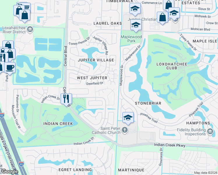 map of restaurants, bars, coffee shops, grocery stores, and more near 117 Bent Arrow Drive in Jupiter