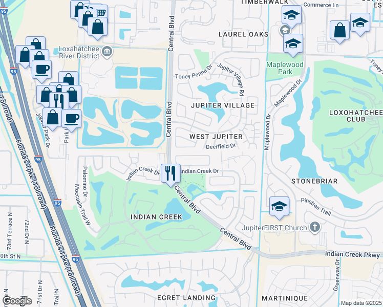 map of restaurants, bars, coffee shops, grocery stores, and more near 141 Arrowhead Circle in Jupiter
