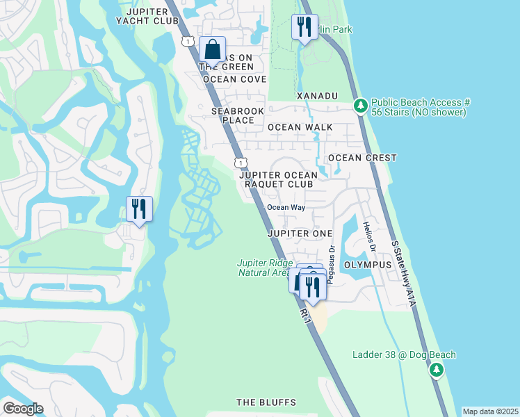 map of restaurants, bars, coffee shops, grocery stores, and more near U.S. 1 & Ocean Way in Jupiter