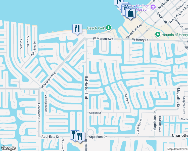 map of restaurants, bars, coffee shops, grocery stores, and more near 1620 Montia Court in Punta Gorda