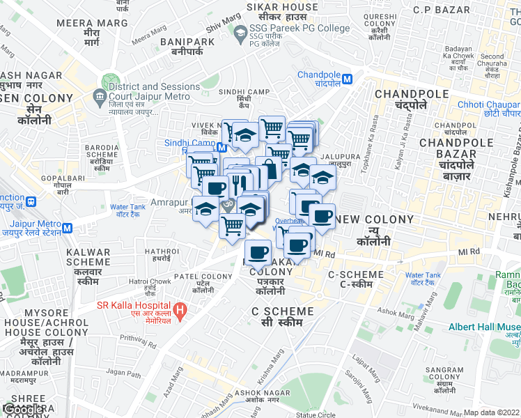 map of restaurants, bars, coffee shops, grocery stores, and more near B-2 Sansar Chandra Road in Jaipur