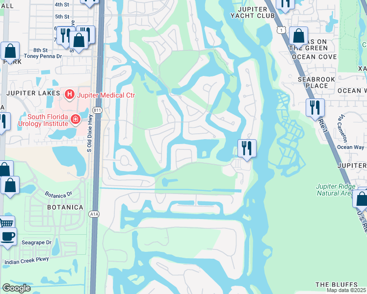 map of restaurants, bars, coffee shops, grocery stores, and more near 3514 Lantern Bay Drive in Jupiter