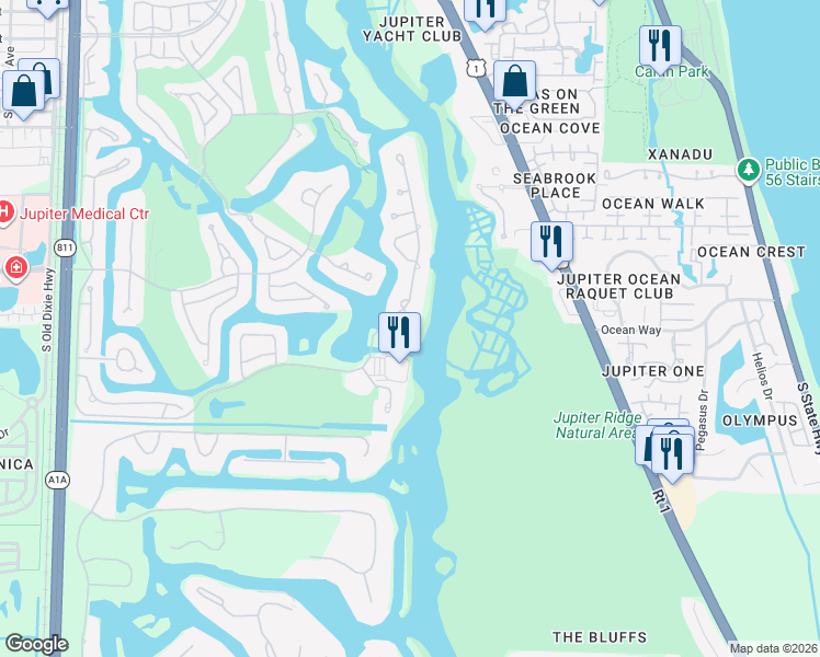 map of restaurants, bars, coffee shops, grocery stores, and more near 3208 Pilots Point Circle in Jupiter