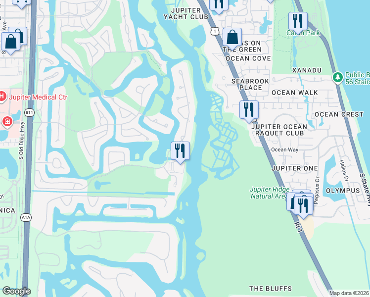 map of restaurants, bars, coffee shops, grocery stores, and more near 3208 Pilots Point Circle in Jupiter