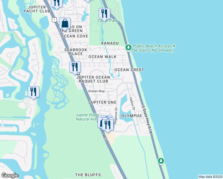 map of restaurants, bars, coffee shops, grocery stores, and more near 1484 Vía Del Sol in Jupiter