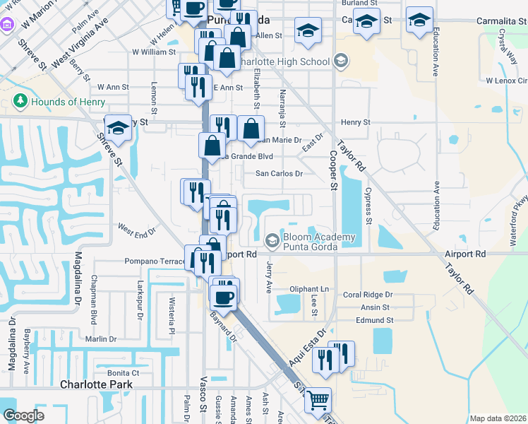 map of restaurants, bars, coffee shops, grocery stores, and more near 24300 Airport Road in Punta Gorda