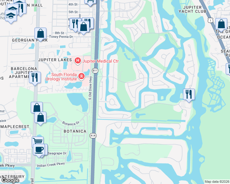 map of restaurants, bars, coffee shops, grocery stores, and more near 16550 Traders Crossing South in Jupiter