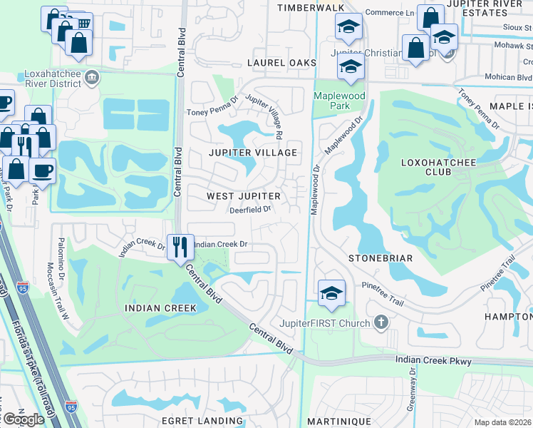 map of restaurants, bars, coffee shops, grocery stores, and more near 155 Deerfield Drive in Jupiter