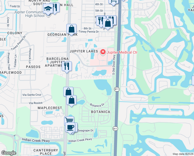 map of restaurants, bars, coffee shops, grocery stores, and more near 326 Jupiter Lakes Boulevard in Jupiter