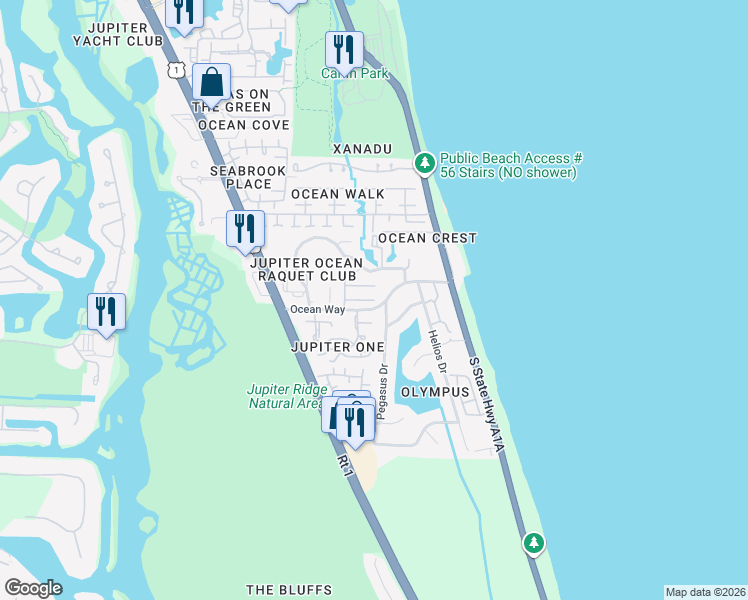 map of restaurants, bars, coffee shops, grocery stores, and more near 1499 Vía Del Sol in Jupiter