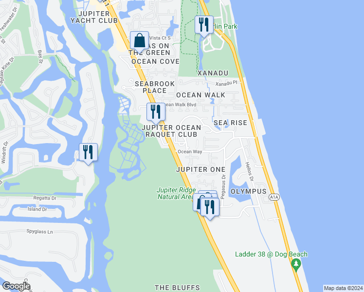 map of restaurants, bars, coffee shops, grocery stores, and more near 1420 Ocean Way Drive in Jupiter
