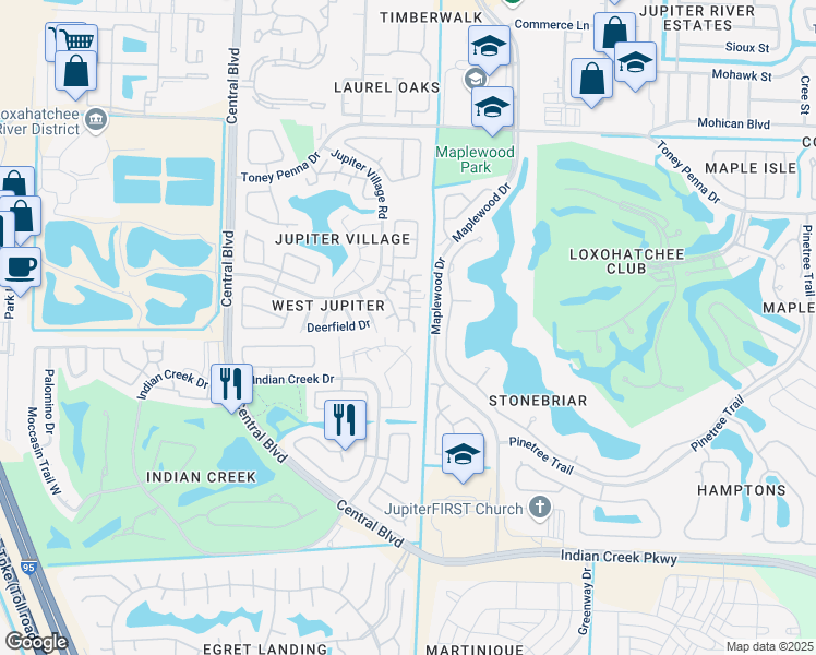 map of restaurants, bars, coffee shops, grocery stores, and more near 155 Doe Trail in Jupiter