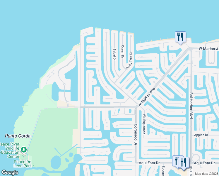 map of restaurants, bars, coffee shops, grocery stores, and more near 142 Hibiscus Drive in Punta Gorda