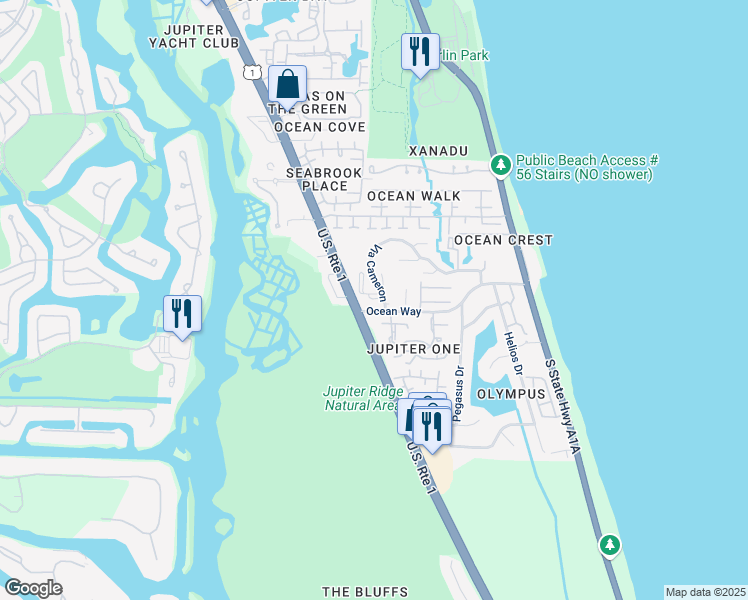 map of restaurants, bars, coffee shops, grocery stores, and more near 1420 Ocean Way Drive in Jupiter