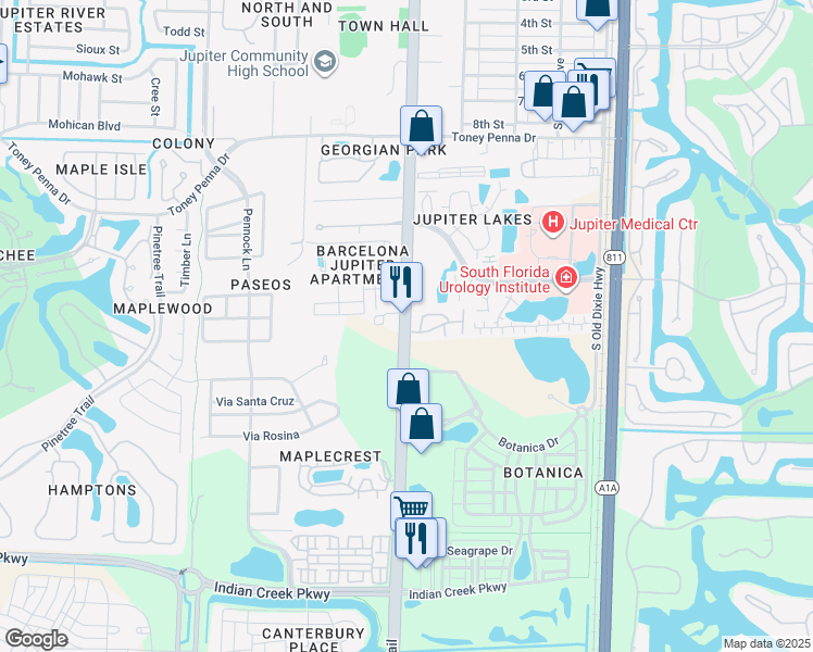 map of restaurants, bars, coffee shops, grocery stores, and more near in Jupiter