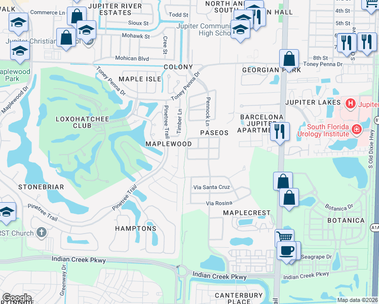 map of restaurants, bars, coffee shops, grocery stores, and more near 102 Via Zamora in Jupiter